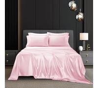 AiMay 6 Piece Satin Sheet Set King Pink Deep Pocket 1800 Series Luxury Rich Silk Silky Super Soft Solid Color 4 Pillowcases Sexy Honeymoon Wrinkle Free (Pink, King)