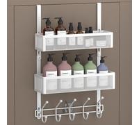 Aimeaihe Adjustable Over The Door Hooks Organizer, Door Hanger Coat Rack with 2 Mesh Baskets and 10 Hooks, Back of Door Storage Organizer for Bedroom,Bathroom,Kitchen (White)