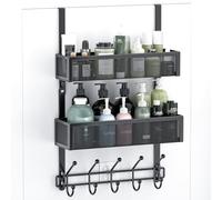 Aimeaihe Over The Door Hooks Organizer, 2 Adjustable Heights Door Hanger Coat Rack with 2 Mesh Baskets and 10 Hooks, Back of Door Storage Organizer for Bedroom,Bathroom,Kitchen (Black)