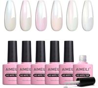AIMEILI Glitter Gel Top Coat Gel Polish Set, Micro Aurora No Wipe UV LED, Rainbow Shimmer Nail Art Top, High Gloss Shiny Finish, 6pcs X 10ml - Kit 75