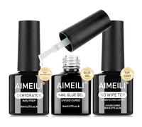 AIMEILI Nail Glue Gel with Top Coat and Prep Dehydrator 3pcs, Clear High Gloss Gel Nail Polish Long Lasting Nail Art Kit for Women Girl