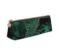 AIMeinn Banana Leaf Green Print High Capacity Leather Pencil Case 8.3 X 2.2 X2.4in School Travel Makeup Organization