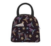 AIMeinn Flower Hummingbirds Embroidery Print Lightweight Insulated Lunch Bag Portable Functional Tote Family Travel School College