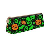 AIMeinn Green Ghost Horror Halloween Pumpkin Print High Capacity Leather Pencil Case 8.3 X 2.2 X2.4in School Travel Makeup Organization