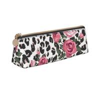 AIMeinn Red Cute Rose Mix Leopard Pattern Print High Capacity Leather Pencil Case 8.3 X 2.2 X2.4in School Travel Makeup Organization