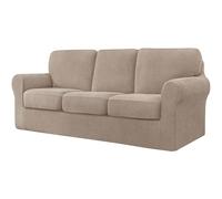 AIMENJOY 7 Pieces Stretch Sofa Cover 3 Seater with Three Separate Cushions and Backrests Stylish Jacquard Spandex Fabric Sofa Slipcover for Living Room Furniture Protector (Sand,3 Seater-7Pieces)