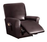 AIMENJOY Recliner Covers with Pockets, Solid Color PU Leather Fabric Recliner Chair Slipcovers 4 Pieces, Furniture Protector 1 Seater, Non Slip Armchair Sofa Cover for Living Room (Brown,1 Seater)