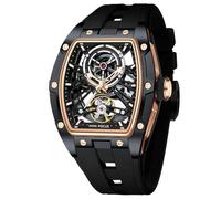 AIMES Men Automatic Watch Tonneau Luxury Skeleton Watches for Men Automatic Mechanical Winding Waterproof Analogue Watches Mens Unique Cool Square Big Face Dial Wristwatch with Silicone Strap Band,