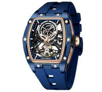 AIMES Men Automatic Watch Tonneau Luxury Skeleton Watches for Men Automatic Mechanical Winding Waterproof Analogue Watches Mens Unique Cool Square Big Face Dial Wristwatch with Silicone Strap Band,