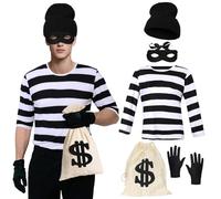 AiMiAO Robber Costume Set Black and White Striped T-Shirt Men's Burglar Set Halloween Cosplay Thief Accessories for Adult, L