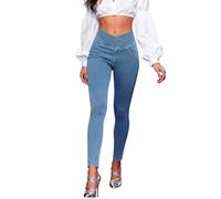 AIMILIA Crossover Jeggings for Women Tummy Control High Waist Pull On Stretchy Jeans Denim Leggings with Pockets Slimming, Light Blue, Large