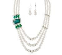 Aimimier 1920s 3-layered White Faux Pearl Necklace and Earrings Set with Crystal and Rhinestone Bridal Long Pearl Necklace Statement Women Jewelry, 22in, Pearl,Alloy,Crystal, Rhinestone