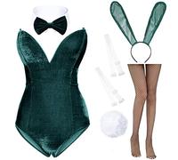 AiMiNa Anime Womens Bunny Girl Costume One Piece Bodysuit Halloween Cosplay Catsuit Bunny Headband Stockings Set, Dark Green, XL