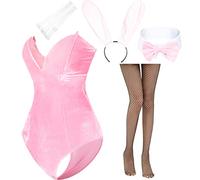 AiMiNa Anime Womens Bunny Girl Costume One Piece Bodysuit Halloween Cosplay Catsuit Bunny Headband Stockings Set, Pink, S