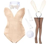 AiMiNa Anime Womens Bunny Girl Costume One Piece Bodysuit Halloween Cosplay Catsuit Bunny Headband Stockings Set, Beige, S