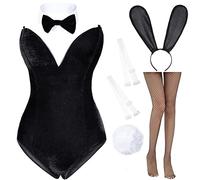 AiMiNa Anime Womens Bunny Girl Costume One Piece Bodysuit Halloween Cosplay Catsuit Bunny Headband Stockings Set, Black, Large