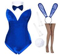 AiMiNa Anime Womens Bunny Girl Costume One Piece Bodysuit Halloween Cosplay Catsuit Bunny Headband Stockings Set, Blue, Medium