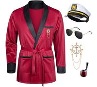 AiMiNa Men Red Silky Robe Jacket Halloween Bunnygirl Cosplay Costume With Captain Hat Glasses Lapel Pin Toy Prop Set, Winered, Large