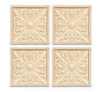 Aiminjey 4 Pcs Decorative Wood Flower Carved Appliques Onlays, 10 x 10cm Unpainted Solid Wood Square Carving Decal for Furniture Cabinet Closet Decoration (3.9inch-4pcs-Type2)