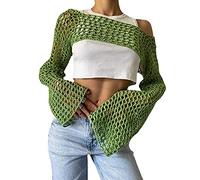 Aimiray Women's Sexy Mesh Crochet Crop Top Hollow Out Beach Cover Ups See Through Long Sleeve Y2k Knit Sweater Tees, Green, L
