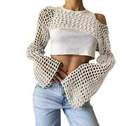 Aimiray Women's Sexy Mesh Crochet Crop Top Hollow Out Beach Cover Ups See Through Long Sleeve Y2k Knit Sweater Tees Clothes, Beige, XS