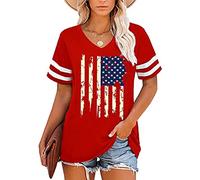 AIMITAG American Flag V-Neck T Shirt Women 4th of July Memorial Day Gift Tops Tee USA Stars Stripes Patriotic Shirt Summer Top（Medium,Red2, Red2, M