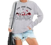 AIMITAG Love Came Down Christmas Plaid Graphic Sweatshirt for Women Funny Saying Holiday Pullover Xmas Nativity Holiday Tops, Grey, Medium