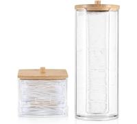 AIMIXUN 2 PCS Cotton Buds Dispenser, Cotton Pad Holder with Bamboo Lids, Qtip Dispenser Bathroom Qtip Storage Container Bathroom Canisters with Lids Cotton Round Dispenser for Floss Hair Ties Jewelry