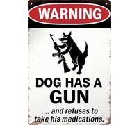 Aimlayton Dog Has Gun Warning Metal Sign 8x12in Round Funny Plaque for Yard Wall Decor Pet Owner Gift