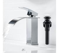 AIMOYO Bathroom Sink Taps Chrome, Waterfall Basin Mixer Tap with Pop Up Waste, Modern Single Lever Brass Bathroom Taps Mixer Hot and Cold Water Sink Faucet with UK Standard Hoses