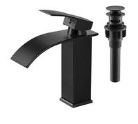 AIMOYO Black Basin Mixer Tap Waterfall Bathroom Sink Tap Single Lever Brass Mono Cloakroom Mixer Taps with Pop Up Drain, Cold and Hot Water Available