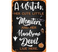 AimQurt Halloween Sign A Witch and Her Little Monsters Vintage Metal Tin Sign Spooky Scary Witch for Halloween Party Home Retro Wall Decor Cafes Bar Club 12""×16""