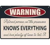 AimQurt Retirement Signs Funny Retirement Gifts For Men Dad Jokes Sign Patio Signs Warning Retired Person On Premises Knows Everything Metal Tin Signs Happy Retirement Yard Sign 5.5""x8"