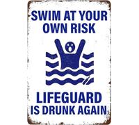 AimQurt Swimming Pool Warning Signs,Swim At Your Own Risk Lifeguard Is Drunk Again Pool Rules Tin Sign Pool Patio Wall Decor for Pool Beach Water Park Decor Outdoor 5.5""x8"", style-10