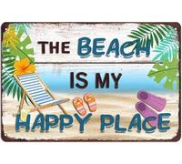 AimQurt The Beach Is My Happy Place Metal Tin Sign Vintage Home Wall Decor Signs Rustic Rooms Decor for Bathroom Bedroom Living Room Beach Hut 8""x12""