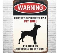 AimQurt Vintage Property Is Protected By a Pit Bull Metal Sign, Pit Bull is Protected By My Gun Retro Wall Decor Funny Guard Dog Warning Tin Signs Poster for Home Garden Cafe Bar 5.5""x8""