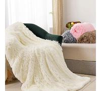 AIMS Lush Super Soft Blanket Faux Fur Shaggy Blanket with Crystal Solid Fleece at back Cosy Fluffy Long Hair Fuzzy Throws for Sofa Couch & Bed Décor Double ply (Off-White, Double 150x200cm)