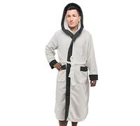 AIMS Men’s Hooded Style Designer Dressing Gown Bathrobe, Housecoat Loungewear Super Soft Luxury Microfiber Terry Cotton, Warm, Cosy Fleece Nightwear Robe, Spa Hotel Sleepwear (White, S/M)