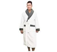 AIMS Men’s Shawl Collar Designer Style Dressing Gown Bathrobe, Housecoat Loungewear Super Soft Luxury Microfiber Terry Cotton, Warm, Cosy Fleece Nightwear Robe, Spa Hotel Sleepwear (White, L/XL)