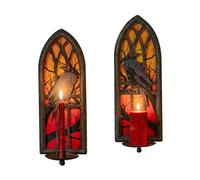 AimtoHome Gothic Wall Candle Sconces Set of 2, Wrought Iron Crow Wall Mounted Candelabra Holder with Removable Trays for Taper & Pillar Candles, Medieval Cathedral Window Design, Dark Academia Decor