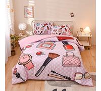 Aimuan Fashion Cosmetic Makeup Theme Comforter Set,with Perfume Bag Lipstick Nail Polish Pattern,Decorative 3 Piece Bedding Set with 2 Pillow Cases, Queen Size, Pink (Pink, Queen)