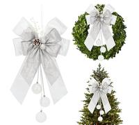AIMUDI White Christmas Tree Topper, 11 x 16 Inches White and Silver Christmas Tree Bows Lantern Bow Decoration Velvet Wreath Bows with Christmas Balls Bows Decoration Bows, 1 PC
