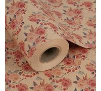 Aimyoo Pink Rose Floral Kraft Wrapping Paper Roll, All Occasion Vintage Flower Gift Wrap for Wedding Birthday Bridal Shower, 17 inch x 60 ft