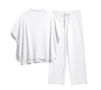 Ainangua Women Casual Two Piece Outfits 3/4 Batwing Sleeve Capelet CrewNeck Pullover Top Wide Leg Pants Lounge Sets Sweatsuit, White, Large