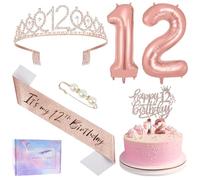 Ainiv 12th Birthday Decorations for Girls, Including Happy 12th Birthday Cake Topper Sash and Tiara, Rose Gold Number Candles and Balloons Set for Girls Gifts Party Decorations