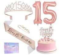 Ainiv 15th Birthday Decorations, for Girls Gifts Party Decorations | Including Happy 15th Birthday Cake Topper Sash and Tiara, Rose Gold Number Candles and Balloons Set