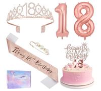 Ainiv 18th Birthday Decorations for Girls, Including Happy 18th Birthday Cake Topper Sash and Tiara, Rose Gold Number Candles and Balloons Set for Girls Gifts Party Decorations
