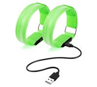 Ainiv 2PCS LED Armband, 3 Lighting Modes Rechargeable LED Armband Light, USB Reflective Band Bracelets, Adjustable Flashing Safety Ankle Armband Slap for Outdoor Jogging Cycling Running Sport-Green