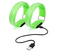 Ainiv 2pcs LED Armband, Rechargeable LED Armband Light, 3 Lighting Modes USB Reflective Band Bracelets, Adjustable Flashing Safety Ankle Armband Slap for Outdoor Jogging Cycling Running Sport (Green)