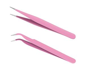 Ainiv 2Pcs Straight Curved Tweezers, Lash Tweezer, Stainless Steel Pointed Tweezers Kit, Sticker Tweezer Tools for Eyelash Extensions, DIY Crafts, Nail Art, Jewelry Making (Pink)